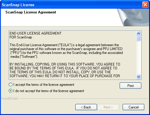 ScanSnap 6 Het dialoogvenster Select Features verschijnt. Het dialoogvenster ScanSnap License verschijnt. In dit dialoogvenster ziet u een paar onderdelen die u kunt aan- of afvinken. 5.