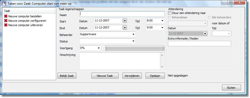 Werken met Supportdesk Pro 2.3 Taken 2.3.1 Inleiding Elke zaak kan meerdere taken bevatten. Deze taken worden vervolgens in de planning van Supportdesk Pro ingevoerd.