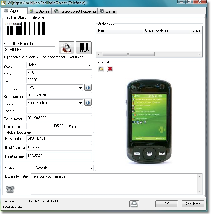 Werken met Supportdesk Pro 2.12.5 Telefonie object Invoeren / Bekijken / Wijzigen Ieder facilitair object bevat standaard barcode ondersteuning, mogelijkheid tot invoegen van afbeelding en meer.