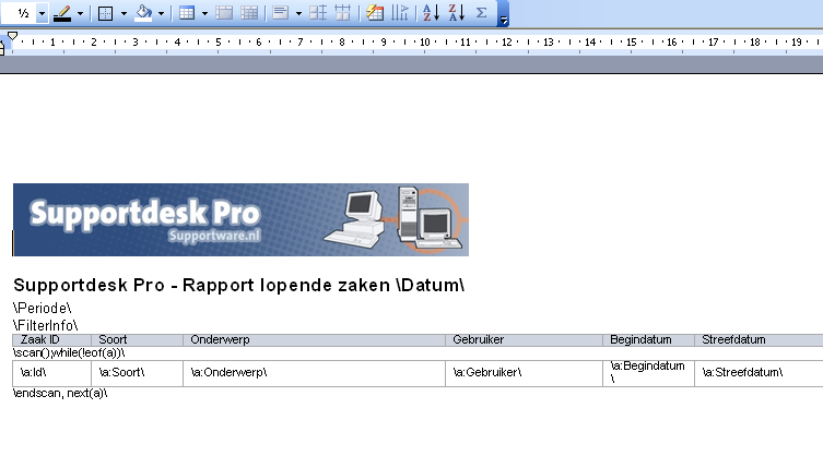 Werken met Supportdesk Pro 2.13.2 Rapportage aanpassen Rapportage aanpassen in Supportdesk Pro is net zo eenvoudig als een Word document aanpassen. Rapportage aanpassen gaat als volgt: 1.