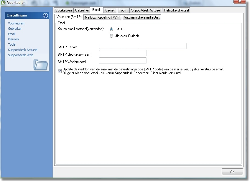 Werken met Supportdesk Pro 2.20.3 Email In het tabblad Email staan de email instellingen.