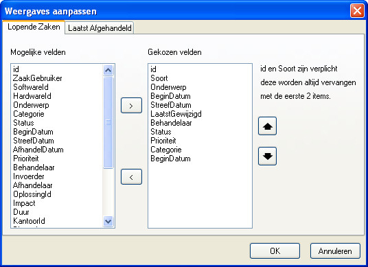 8 2.2.5 Supportdesk Pro Handleiding Weergave aanpassen Via Menu Beeld->Weergave aanpassen kan er vrij gemakkelijk de lopende zaken / Laatste afgehandelde zaken kolommen aangepast worden.