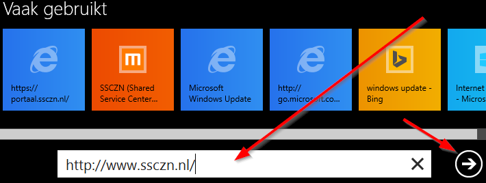 Windows 8 / 8.1 - Klik met de linkermuisknop op Internet Explorer zoals aangegeven in de afbeelding hieronder: - Voer in de adresbalk het adres www.ssczn.nl in en druk op enter of op het pijltje.