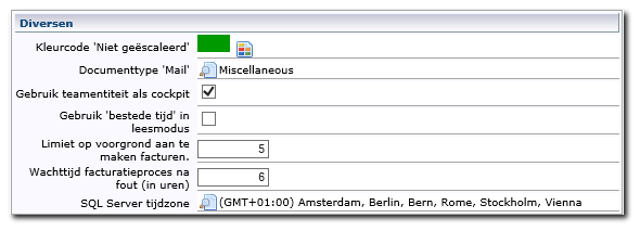 4.3.4 Diversen Kleurcode Niet geëscaleerd Documenttype Mail Gebruik oplosgroep als cockpit Gebruik bestede tijd in leesmodus Maximaal aantal facturen aan te maken op de voorgrond.