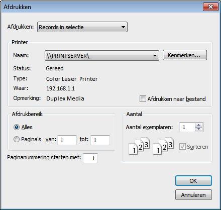 Hoofdstuk 2 Databases gebruiken 50 7. Kies in het dialoogvenster Afdrukken bij Afdrukken de gewenste optie (Windows) of kies FileMaker Pro in het venstermenu (Mac OS).