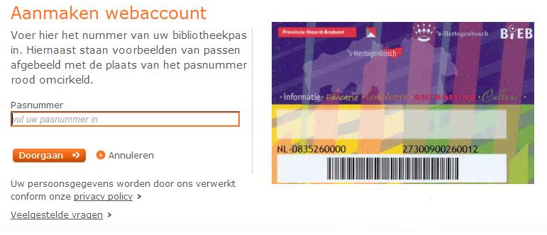 Stap 1 Ga naar www.bibliotheek.nl/ebooks en selecteer rechtsboven voor 'Aanmaken webaccount'. Stap 2 Meld je aan met je pasnummer. Dit wordt ook wel je 'Lezersnummer' genoemd.