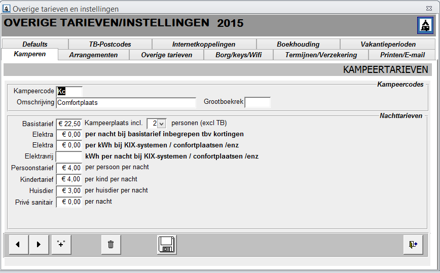 Kort samengevat vindt u daar de volgende onderwerpen : - Kamperen - Arrangementen - Defaults (vaste waarden) - Overige tarieven (toeristisch kamperen per nacht) -
