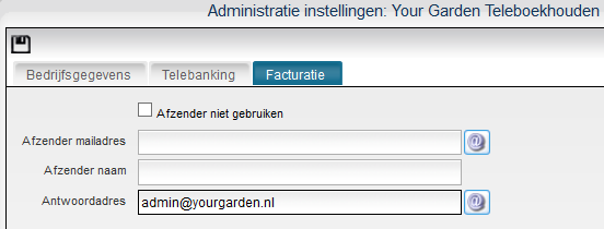 Tabblad [Facturatie] is van belang als u facturen en/of aanmaningen wilt mailen. Het versturen van e-mails vanuit Teleboekhouden wordt gedaan via de E-mail Gateway.