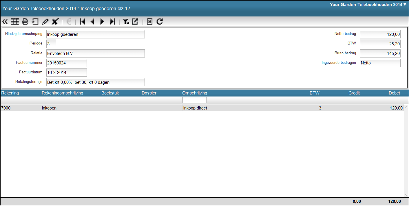 Het eindresultaat na invoer van de factuurkopregel en daarna de factuurdetailregel is onderstaand scherm waarin de kop- en detailregel samen worden getoond.