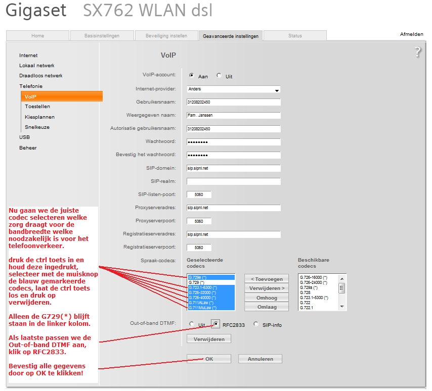 Als laatste dient de Codec en Out-of-band DTMF aangepast te worden. Dit ziet u op de onderstaande afbeelding.