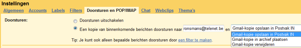 Berichten doorsturen Je kan ontvangen berichten meteen laten doorsturen naar een ander e-mailadres. Dit kan zowel je eigen e- mailadres zijn als dat van iemand anders die vb.