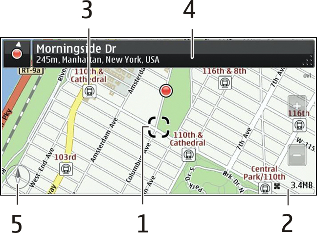 Kaarten 93 Als u zoekt of bladert naar een locatie en gegevens over de locatie met een dienst zoals Weer bekijkt, wordt de informatie voor de locatie die u op dat moment bekijkt weergegeven.