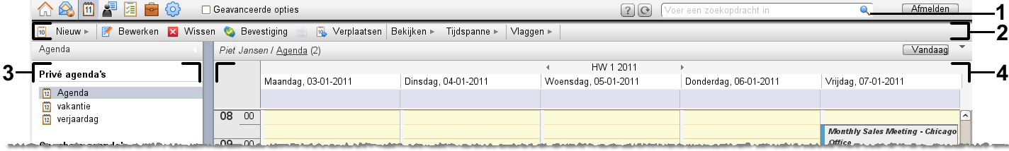 Hoofdstuk 5. Agenda module 5.1. Overzicht Gebruik een van de volgende methoden om de Agenda module te openen: Klik in de modulebalk op het Agenda pictogram.