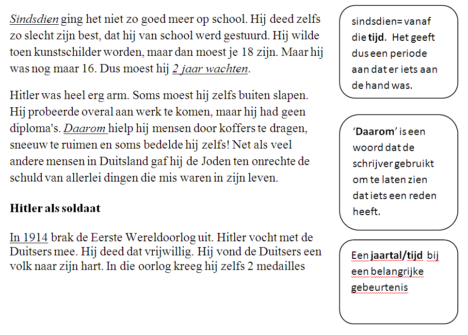 woorden en zinnen waarmee je een volgorde in de tijd kan beschrijven: in 1943, eerst, vervolgens, kort daarna.. etc.