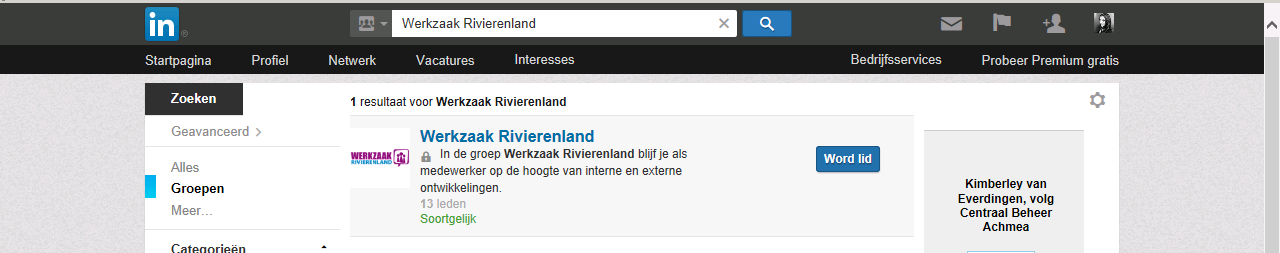 3. Vervolgens verschijnt de groep Werkzaak Rivierenland in beeld. Klik op Lid Worden. Je verzoek om deel te nemen aan de groep wordt verzonden.