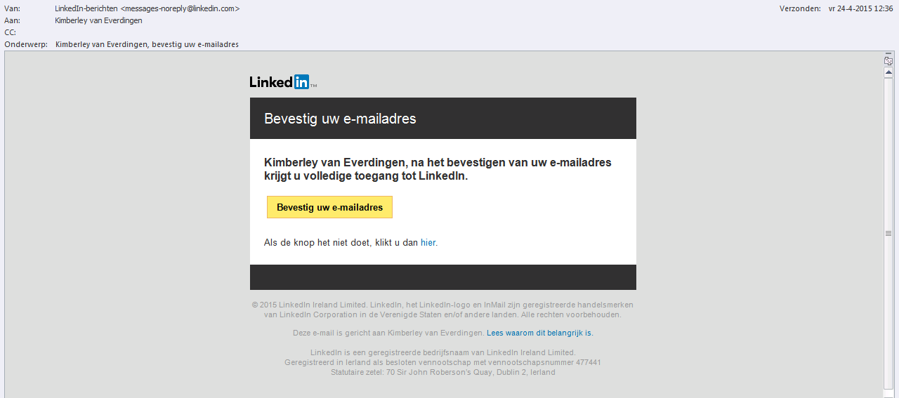 6. Je hebt nu een bevestiging per e-mail ontvangen van LinkedIn.