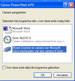 Het volgende venster verschijnt: Kies wizard scanner en camera van