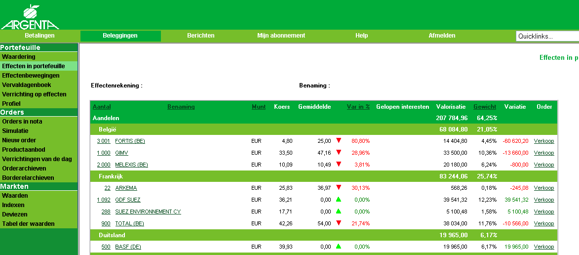 8) Ingave van een verkoop Als laatste mogelijkheid in dit scherm kan er vanuit het overzicht van de portefeuille eveneens een verkoopopdracht per effect ingegeven worden.