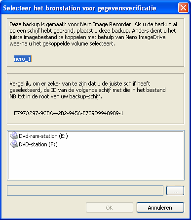 De back-up starten Fig. 14: Het dialoogvenster Bronstation voor gegevensverificatie selecteren 9.