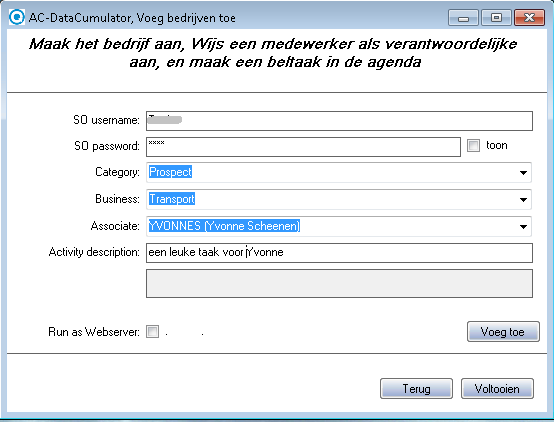 5. Toevoegen van de relaties aan SuperOffice Het scherm waarmee de gevonden relaties aan SuperOffice kunnen worden toegevoegd wordt geopend door op de knop Add 2 SO te klikken.