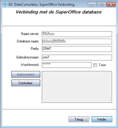 3.2 Verbinding met de SuperOffice database Indien het programma niet vanuit AC-ACC wordt gestart, zal in het tweede scherm de verbinding met de SuperOffice database moeten worden opgegeven.