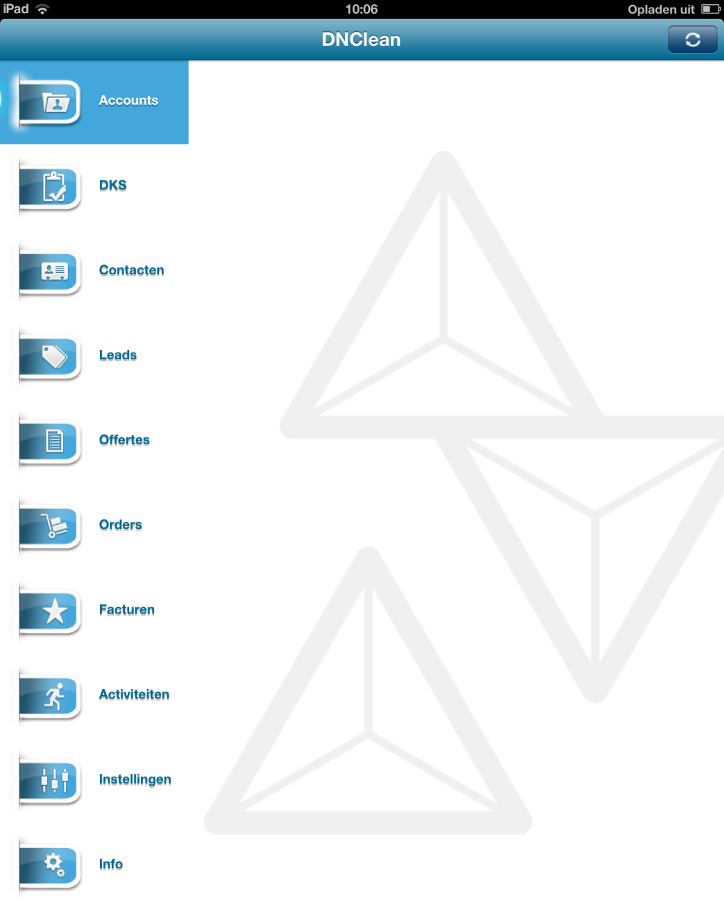 3. DN CLEAN: STARTEN Na het opstarten van de DN Clean App verschijnt er een overzicht van beschikbare opties, waarbij o.a. Accounts (1.) en Contactpersonen kunnen worden geraadpleegd.