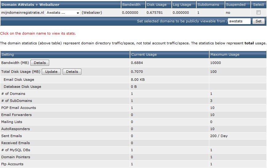 DirectAdmin Binnen DirectAdmin klik je onder Your Account op Site Summary / Statistics / Logs.