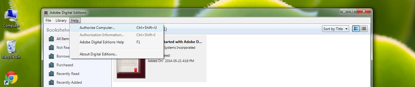Door op het icoontje te klikken (of, in sommige gevallen gebeurt dit automatisch) opent Adobe Digital Editions.
