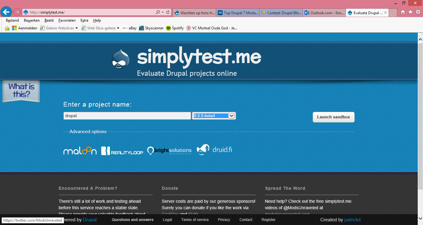 1. Drupal 8 installatie uittesten op Symplytest.me Surf naar www.symplytest.