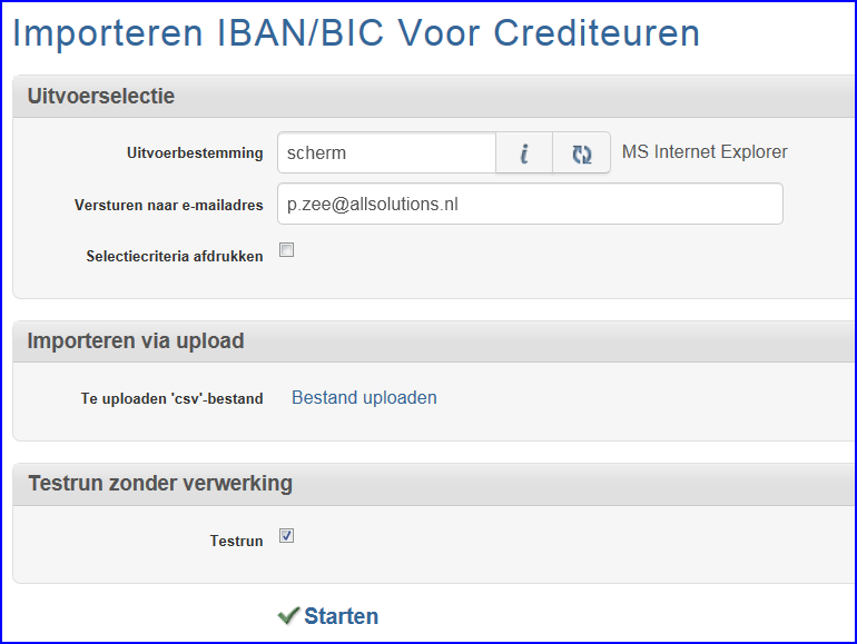 Importeren via upload Klik op Bestand uploaden om het csv-bestand vanuit uw pc of netwerk te selecteren Testrun zonder verwerking Indien gewenst, kunt u eerst een testrun doen.