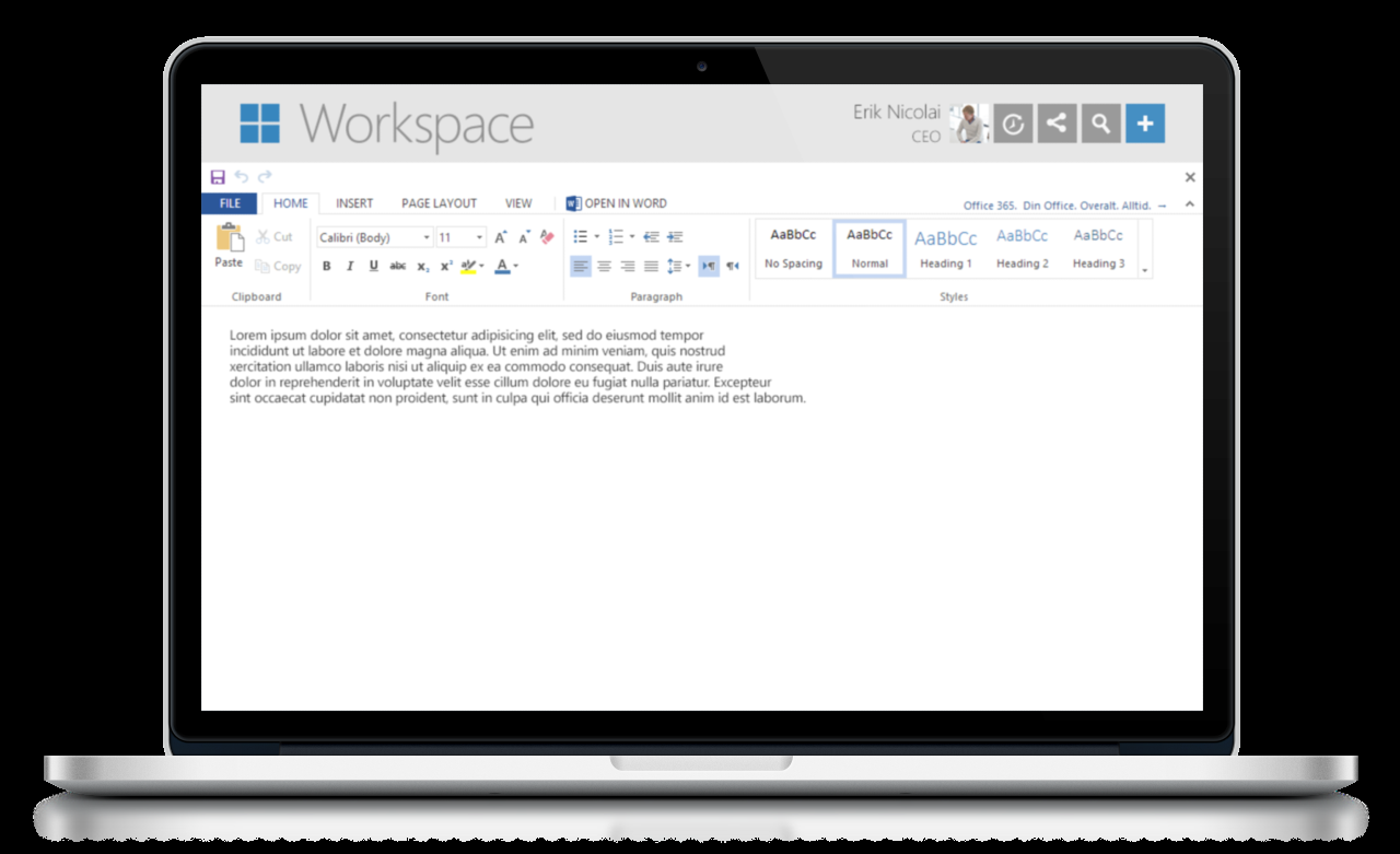 2.6 Gebruik van Office Web Apps in Workspace 365 Start vanuit Workspace 365 met één druk op een knop Word, Excel, PowerPoint en OneNote in je browser.