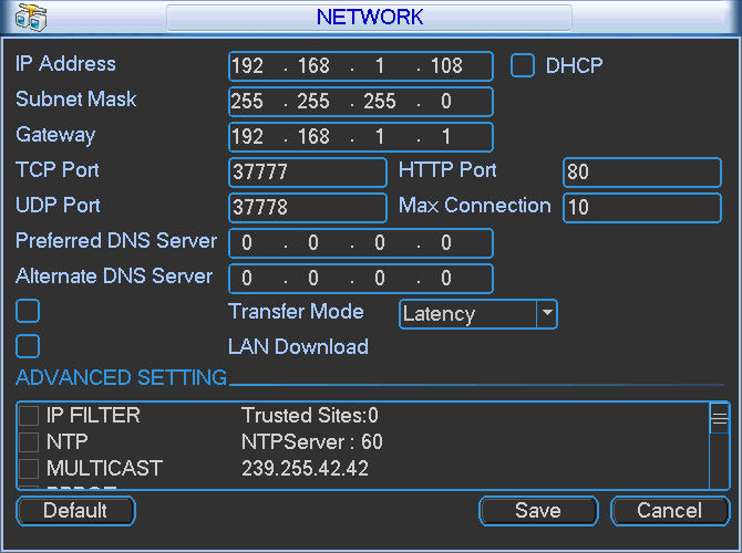 4.2 Intern IP adres (LAN) van de DVR instellen. In het hoofdmenu kiest u voor de icoon SETTING. In het SETTING MENU klikt u op NETWORK. Nu krijgt u onderstaand scherm te zien.