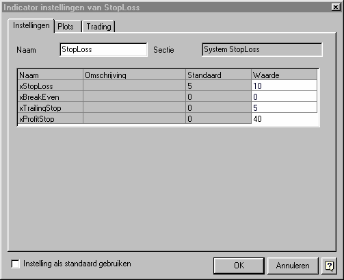 12 Koersvenster Kolom Eigenschappen Dialoog selecteer het systeem met de naam Stoploss druk op OK vul nu de percentages bij één of meerdere stoploss methodes in door een bepaald