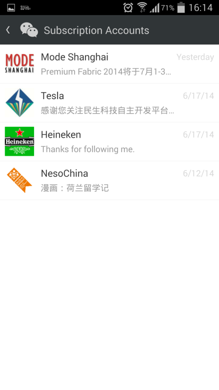 a. b. c. Afbeelding 8.6a, b en c. WeChat screenshots Bij het openen van deze subscription accounts kom je op een scherm terecht zoals te zien in afbeelding 8.6b.