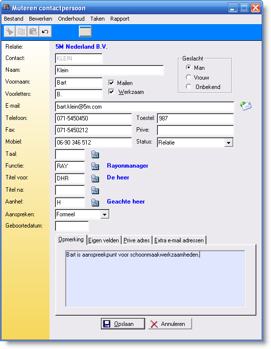 Contactpersonen Figuur 4 - Contactpersoonkaart In dit scherm worden de gegevens van de contactpersonen vastgelegd.