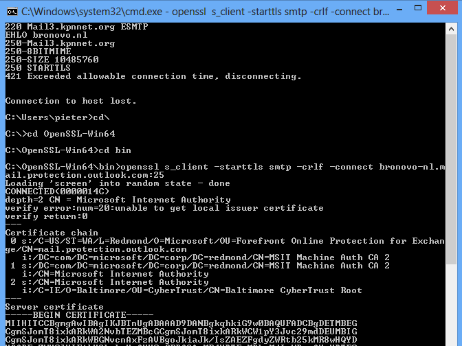 Als je hebt vastgesteld dat de server STARTTLS ondersteunt kan je de openssl client gebruiken om het starttls commando uit te voeren.