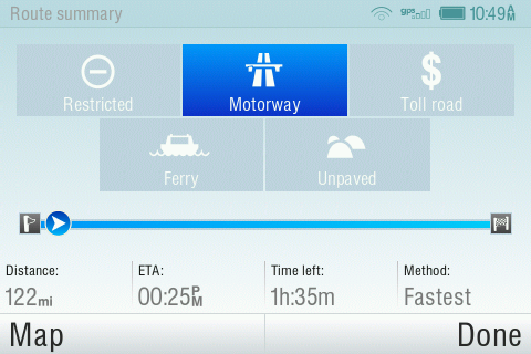tonen>details Het in blauw oplichtende icoon geeft de soorten wegen aan die in de route voorkomen.