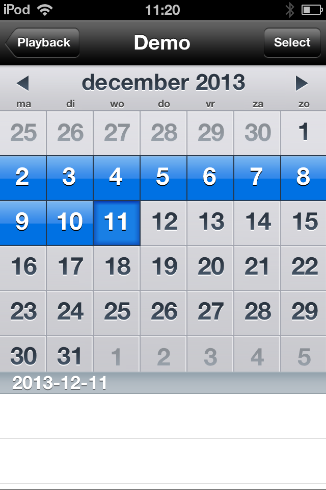13 NEDERLANDS 2. Je ziet nu dat de kalender gevuld wordt met blauwe vierkanten. Deze geven de dagen aan dat de DVR opnames heeft gemaakt. 3.