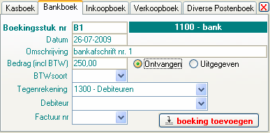 Voorbeeld 2 Bankafschrift We ontvangen van de bank een bankafschrift met daarop twee bijschrijvingen. We boeken dit als boekingsstuknummer B1.