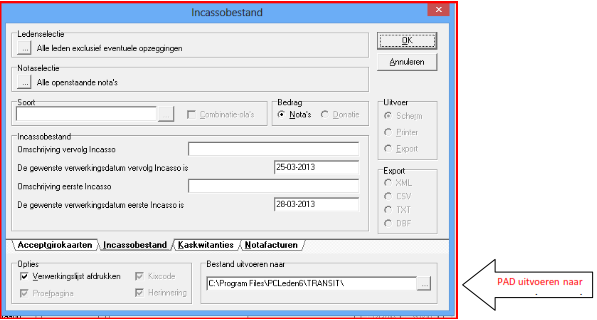 4.1.2 Incasso betalingsbestand aanmaken (uitvoer) Aanmaken van incasso s gaat via: Nota s > Acceptgiro s, incasso en kwitanties Klik op het TABJE incasso en u krijgt nu het scherm van het incasso