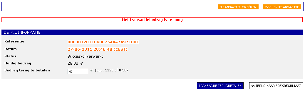 De volgende pagina wordt weergegeven in geval van een succesvolle terugbetaling.