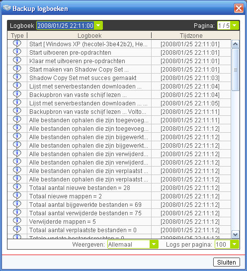 6.5.Back-up logboeken. Door middel van de icoon aan de uiterst rechtse zijde in het beginvenster kunt u het logboek van de software raadplegen.