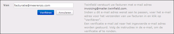 4.1.1 Verificatie e-mail adres Standaard zal de email uit naam van uw bedrijf verstuurd worden, maar met Twinfield als 'van' email. U kunt ook uw eigen email adres instellen.