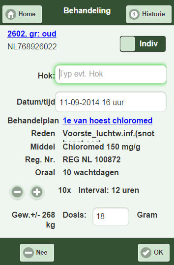 Voorbeeld van een behandeling bij een individueel dier: Wilt u eerdere behandelingen van dit dier bekijken,? Tik dan op Historie.