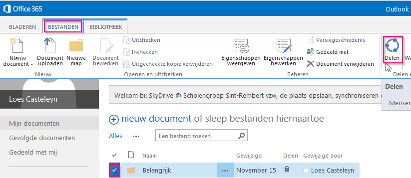 5. Documenten delen Om een document te delen kan je één van onderstaande stappen uitvoeren: Op de startpagina van SkyDrive Pro klikken op de 3 puntjes bij een map of bestand en DELEN kiezen.