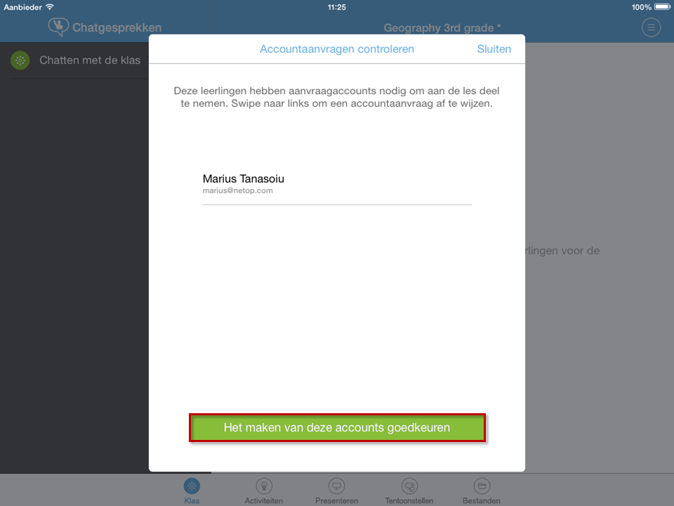 6. Tik op de knop Het maken van deze account goedkeuren al u alle verzoeken van leerlingen om deel te nemen aan de le wilt goedkeuren.