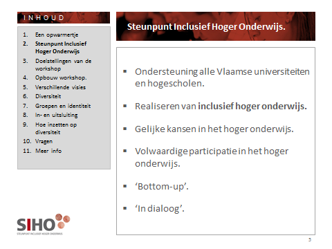 Het SIHO ondersteunt alle universiteiten en hogescholen in Vlaanderen. Samen op weg naar het realiseren van inclusief hoger onderwijs.