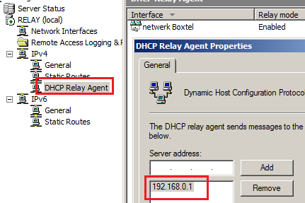 In de properties van de relay agent moeten we Relay nog wel vertellen dat hij de Dhcp requests die hij ontvangt vanuit het subnet Boxtel, moet doorsturen naar DC_DHCP.