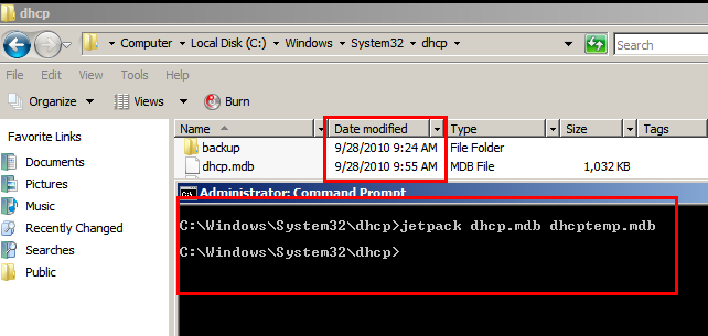 Laat de dhcpdatabase controleren op fouten met het commando ; Jetpack dhcp.mdb dhcptemp.mdb. Let op; In Windows Server 2008 wordt Jetpack.
