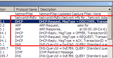 Op DC_DHCP: (Pas als Win7 zijn IPadres heeft ontvangen.) Stop de Capture. Je krijgt nu een overzicht waarin allerlei gecapturede frames worden weergegeven. Noteer waarvoor de afkorting D.O.R.A.